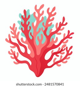 Red coral with blue leaves on white background, from marine biology reef