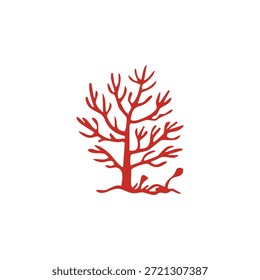 A red coral branch forms the shape of a tree on a white background.