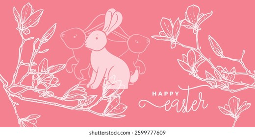 Red Coral Easter banner design with hand drawn vector cute rabbit and line art spring flower magnolia. Happy Easter design for banners, social media, invitations, web and print.