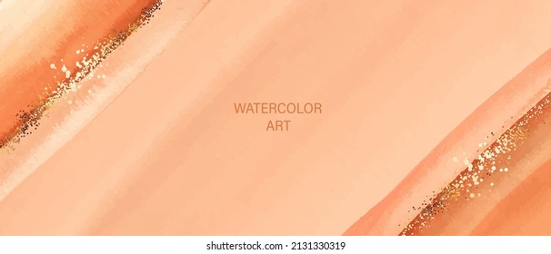 Red, coral, pink watercolor background. Watercolor brush strokes. Golden shiny splatters.