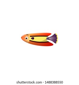 Red coral reef fish with a purple fin. Raster illustration in the flat cartoon style