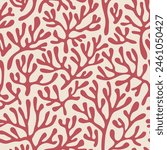 Red coral seamless pattern on beige background in vintage style. Matisse-inspired modern abstract organic algae background. Vector design for textile, wrapping paper, greeting cards.