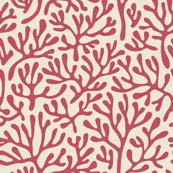 Red coral seamless pattern on beige background in vintage style. Matisse-inspired modern abstract organic algae background. Vector design for textile, wrapping paper, greeting cards.