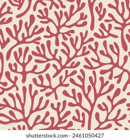 Red coral seamless pattern on beige background in vintage style. Matisse-inspired modern abstract organic algae background. Vector design for textile, wrapping paper, greeting cards.