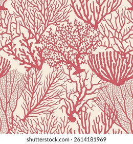Red coral seamless pattern on beige background in vintage style. Matisse-inspired modern abstract organic algae background. Vector design for textile, wrapping paper, greeting cards
