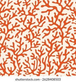 Coral vermelho padrão sem emenda no fundo bege no estilo vintage. Algas orgânicas abstratas modernas inspiradas em Matisse. Design vetorial para têxteis, papel de embrulho, cartões comemorativos.