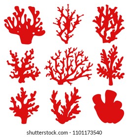 Red coral silhouettes. Isolated on white background hand drawn flat set