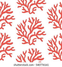 Red corals on the white background. Vector seamless pattern with tropical reef. Nautical doodles.