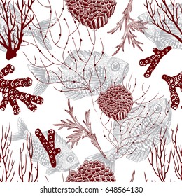 red corals sea  fish life pattern art