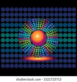 The red core in the center glows with colored circles in the form of rays, against the background of dark blue circles vector illustration