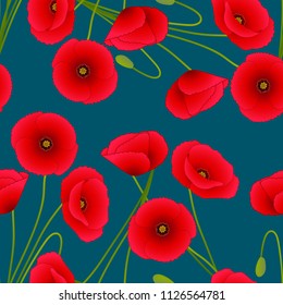 Red Corn Poppy on Indigo Blue Background. Vector Illustration.