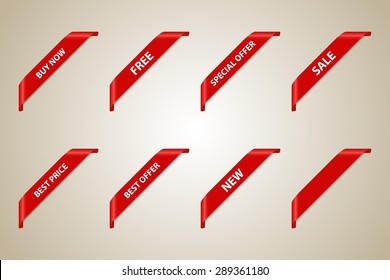 Red Corner Ribbon Set (Best Offer - Sale - Fee - Best Price - Buy Now - New - Special Offer) - Vector Design Element