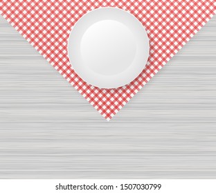 Red corner tablecloth on white wood table. Vector stock illustration.