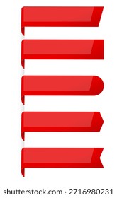 Red corner tapes. Bookmark ribbon. Sale stripe. Discount promotion. Bestseller icon. Special offer badge. Premium quality. Price tag. Silk edge band. Award sticker. Satin flag. Vector empty labels set