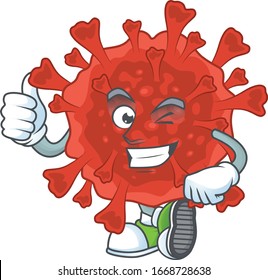Red corona virus cartoon character making Thumbs up finger