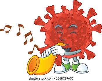Red corona virus cartoon character playing music with a trumpet