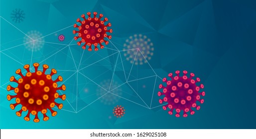 Red Corona Virus Cells On Aqua Menthe Trendy Blue Color Background, Vector Abstract Scientific Illustration