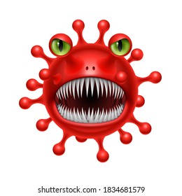 Red Corona Virus Monster in Cartoon Style. A Tentacled Monster COVID-19 is a Dangerous Virus. The Character is an Evil Microbe of Red Color with White Teeth, Tongue and Green Eyes