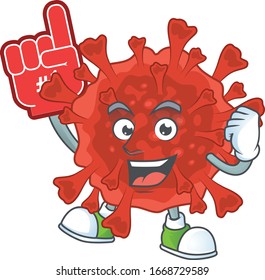 Red corona virus presented in cartoon character design with Foam finger