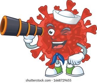 Red corona virus in Sailor cartoon character design with binocular