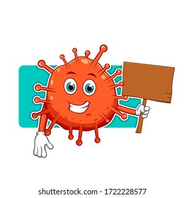 Red Coronavirus with Blank Wooden Sign in Hand Cartoon Mascot Character.