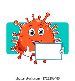 Red Coronavirus Cartoon Mascot Character With Holding a Blank Sign.