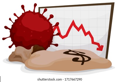 Red coronavirus, flatten and almost empty money bag and squared board with down arrow graph, representing the difficult economy trend due COVID-19 crisis.