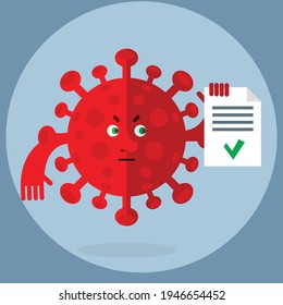 Red coronavirus  holding check list. Cartoon character with face. Flat style vector illustration on gray background.