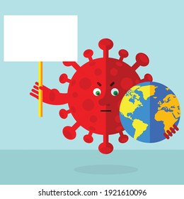 Red coronavirus holding a globe and blank sign. Cartoon character with face. Vector flat style illustration. Flat style vector illustration