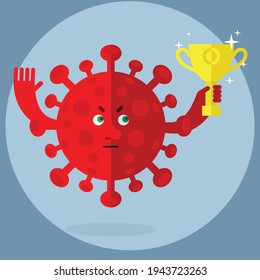 Rotes Koronavirus, das eine Siegertrophäe hält. Cartoon-Charakter mit Gesicht. Flache Vektorgrafik auf grauem Hintergrund.