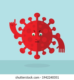 Coronavirus rojo haciendo gesto de atención con el dedo índice. Caricatura con cara. Ilustración vectorial de estilo plano en el fondo de la luz.