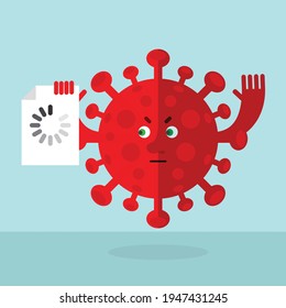 Rotes Koronavirus mit Vorlader-Symbol. Cartoon-Charakter mit Gesicht. Flache Vektorgrafik auf hellem Hintergrund.