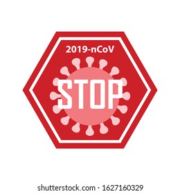 Red coronavirus with STOP sign in red hexagon. Concept design of stopping coronavirus. MERS-Cov (middle East respiratory syndrome coronavirus), 2019-nCoV. Vector illustration 