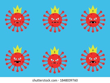 Caricatura vectorial del coronavirus rojo con diferentes emociones aisladas en fondo azul.