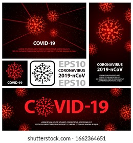 Red coronavirus virus banners set. Vector flat covid-19 backgrounds for banner or flyer of epidemic identification.