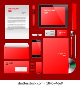 Red Corporate ID mockup. Consist of business cards, cd disk, notepad, pen, envelope, badge, stationery, usb flash drive, folder, tablet, smart phone, blank. Vector illustration.