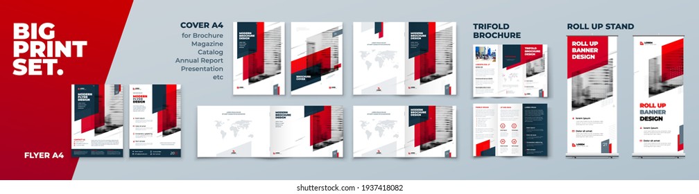 Red Corporate Identity Print Template Set of Brochure cover, flyer, tri fold, report, catalog, roll up banner. Branding design in Biege colors. Business stationery background design collection