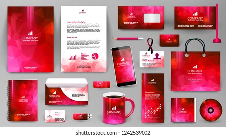 Red corporate identity promotional set. Professional branding design template.  Business stationery mock-up. Folder, letter, cover, broshure, letterhead, coffee cup, business card, bag, badge