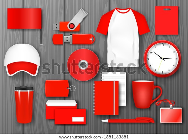 Red corporate identity promotional set. Business
corporate souvenir promotion stationery items. Flag, letter, cover,
brochure, mug, business card, bag, badge, cap, wall clock, pen,
notebook vector