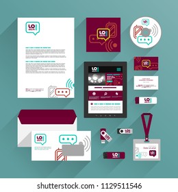 Diseño de plantillas de identidad corporativa roja con iconos móviles y de comunicación. Papel de negocios