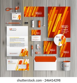 Red corporate identity template design with yellow and orange diagonal shapes. Business stationery