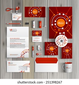 Red corporate identity template design with round digital elements. Business stationery