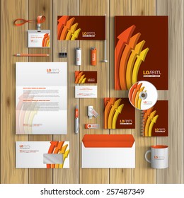 Red corporate identity template design with orange arrows. Business stationery
