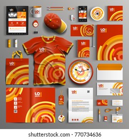 Red corporate identity template design with orange and yellow round elements. Business stationery