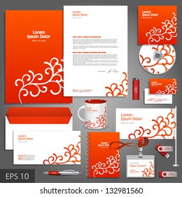 Red corporate identity template with floral elements. Vector company style for brandbook and guideline. EPS 10