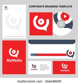 Red corporate identity template with logo My Media. Vector corporate identity design for Multimedia business template illustration