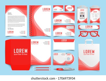 Red corporate identity template with wave style. Vector company style for brandbook and guideline. EPS 10