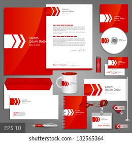 Red corporate identity template with white arrow. Vector company style for brandbook and guideline. EPS 10