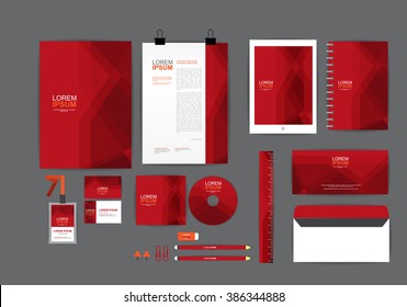 Red corporate identity template  for your business includes CD Cover, Business Card, folder, ruler, Envelope and Letter Head Designs