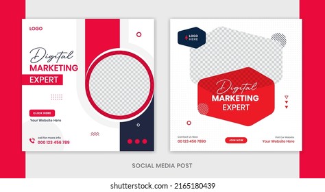 Red Corporate Social Media Post Set, Business Agency Square Post Template, Digital Marketing Vector